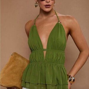 Green Halter Top with Deep V-Neck